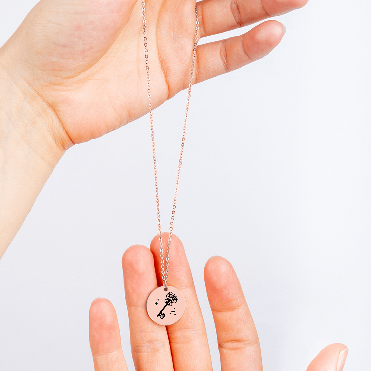 This dainty engraved key necklace in rose gold makes a beautiful and personal gift for your wife. Whether for her birthday, as a Christmas present, or as an anniversary gift, this necklace is a reminder that she’s always loved.