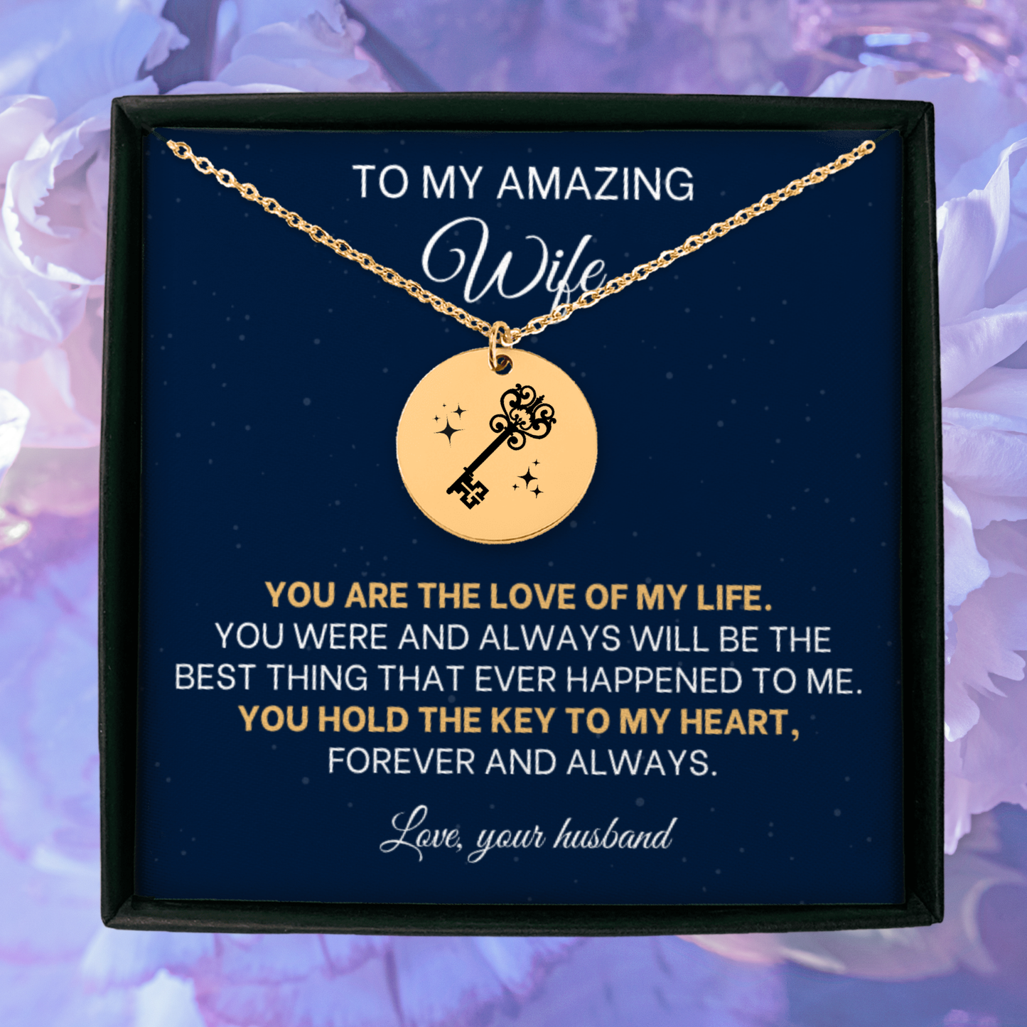 This dainty gold key necklace is a beautiful jewelry gift from a husband to his wife. Whether it's for her birthday, as a Christmas present, or as an anniversary gift, this engraved necklace is a meaningful keepsake she will cherish forever.