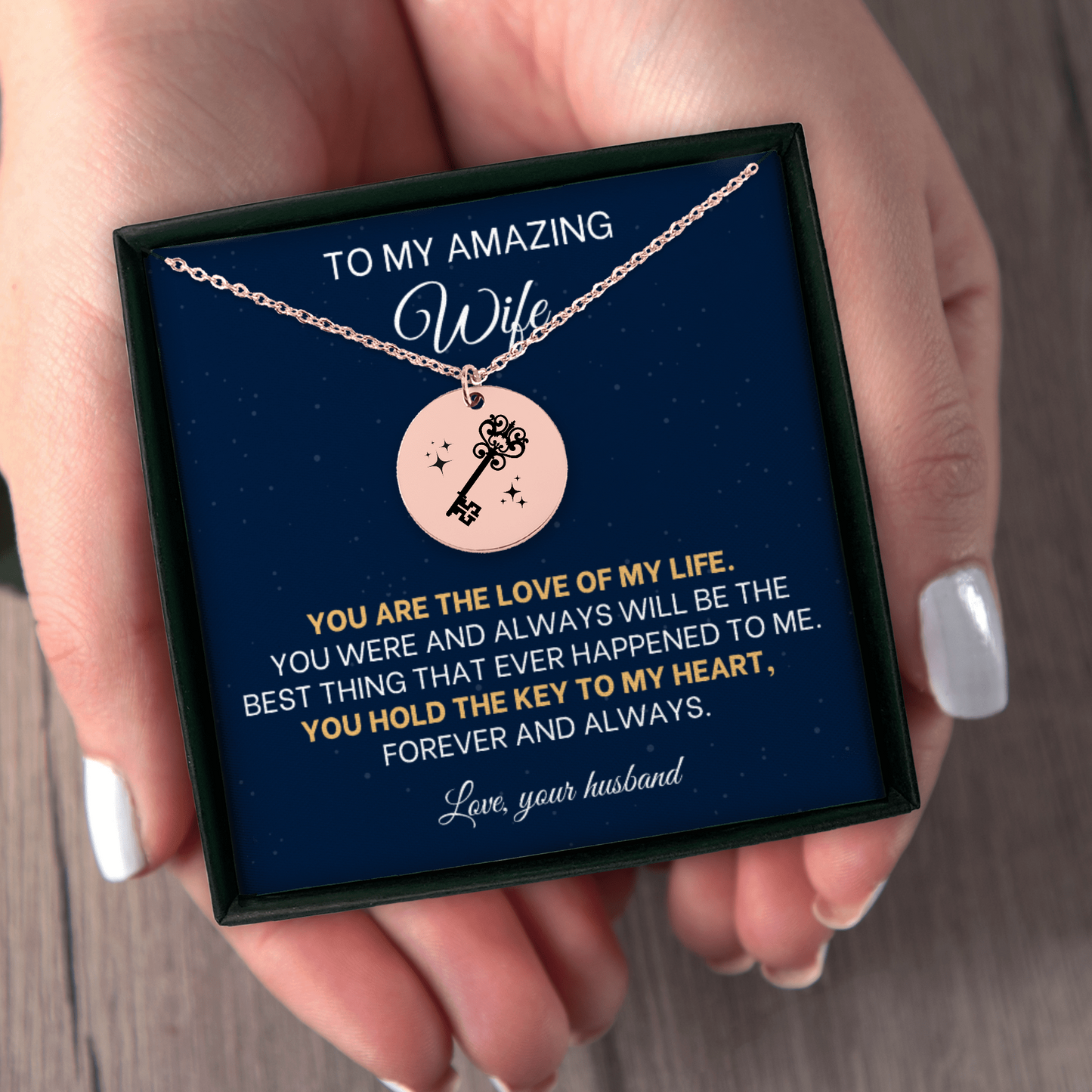 A rose gold key necklace, engraved with love, perfect for your wife. This thoughtful gift is ideal for birthdays, anniversaries, Christmas, or just to remind her that you treasure having her by your side.