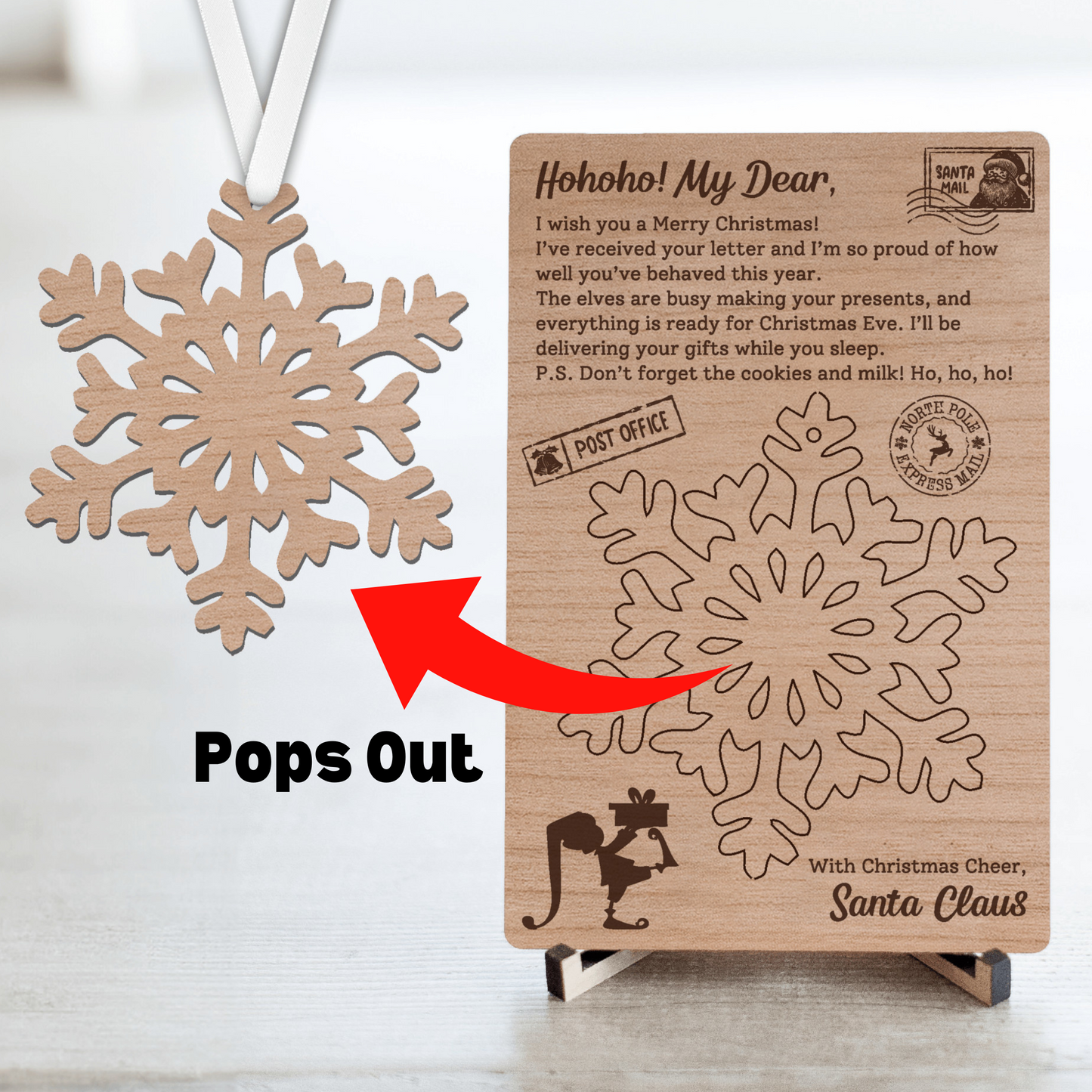 Laser-cut cherry wood postcard with pop-out ornament, a unique and heartfelt way to send a message. Crafted from premium wood, each postcard includes a detachable ornament that recipients can cherish long after the occasion. Perfect for holidays, birthdays, or special moments, this keepsake combines the elegance of wood with thoughtful design. Wishing everyone a Merry Christmas!