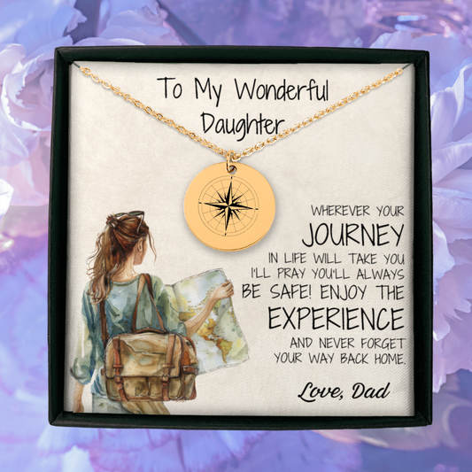 This dainty gold compass necklace is a personalized jewelry gift from dad to daughter. Whether it's for graduation, a long-distance gift, travelling abroad, or a reminder that "Adventure Awaits," this engraved necklace is a meaningful keepsake.