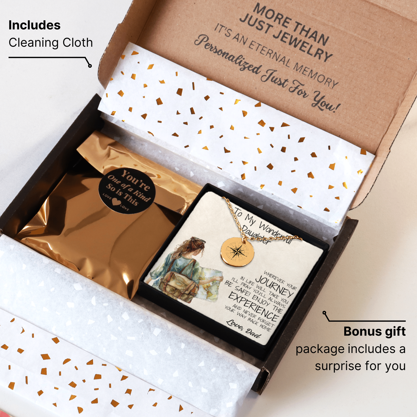 Give your daughter a thoughtful and personalized gift with this gold compass necklace. Perfect for long-distance relationships, graduations, as a moving away gift, or as a reminder that "Adventure Awaits," it’s a beautiful gift that she’ll treasure.