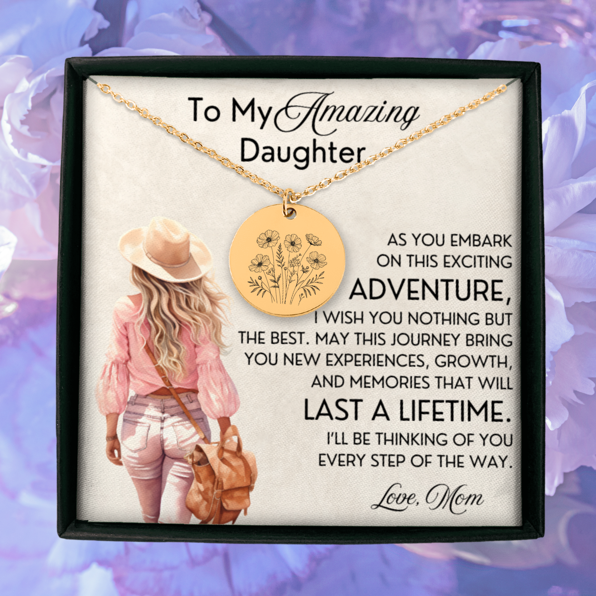 This elegant coin necklace with wildflower design makes a thoughtful gift for your daughter, whether for graduation, her first big trip, a new job, or moving overseas. A timeless keepsake, it's perfect for birthdays, Christmas, or any special occasion. This flower necklace is a beautiful way to express your love and encouragement, making it a meaningful accessory she'll cherish forever.