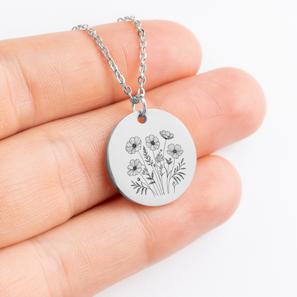 This elegant coin necklace with wildflower design makes a thoughtful gift for your daughter, whether for graduation, her first big trip, a new job, or moving overseas. A timeless keepsake, it's perfect for birthdays, Christmas, or any special occasion. This flower necklace is a beautiful way to express your love and encouragement, making it a meaningful accessory she'll cherish forever.