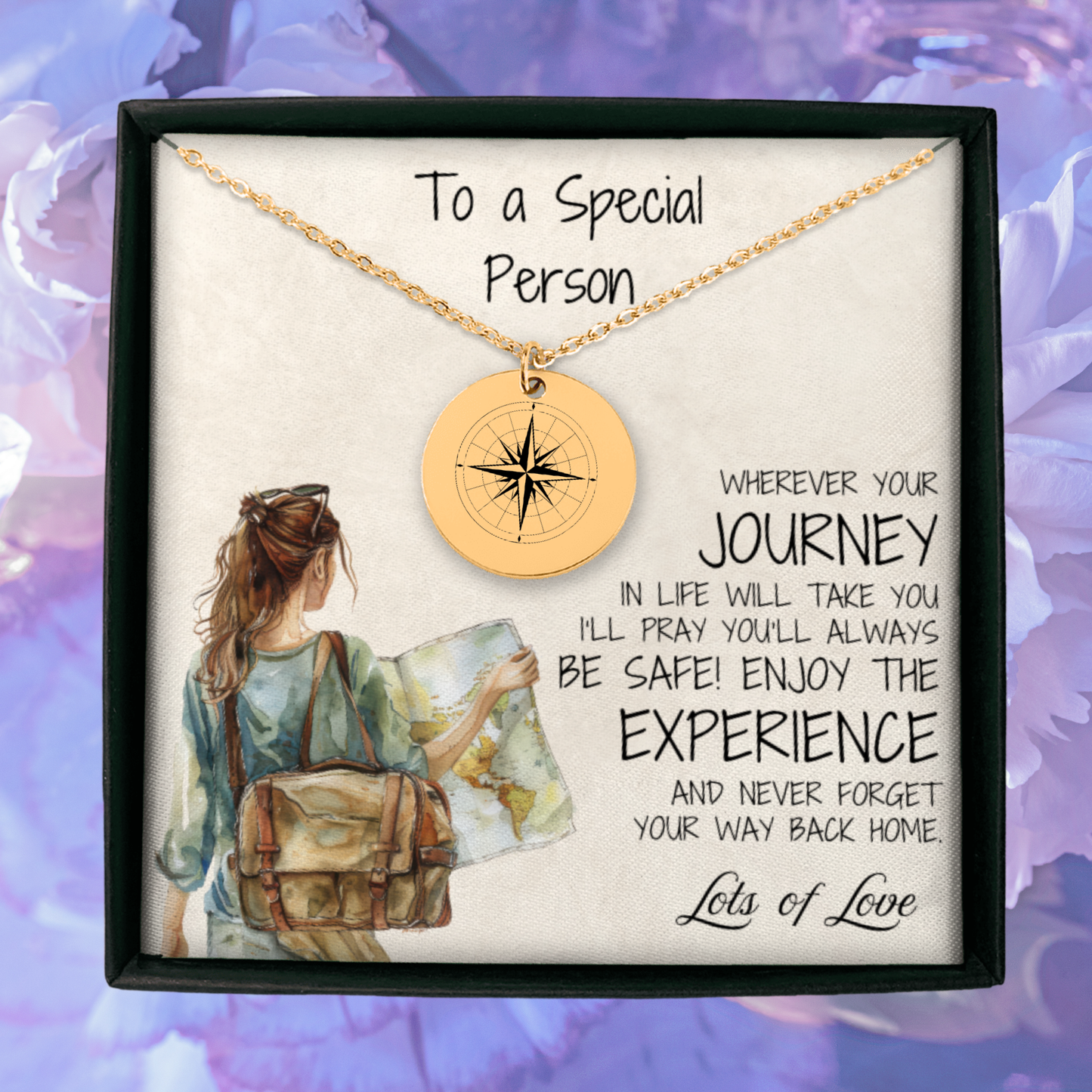 This dainty gold compass necklace is a personalized jewelry gift from one friend to another. Whether it's for graduation, a long-distance gift, travelling abroad, or a reminder that "Adventure Awaits," this engraved necklace is a meaningful keepsake.