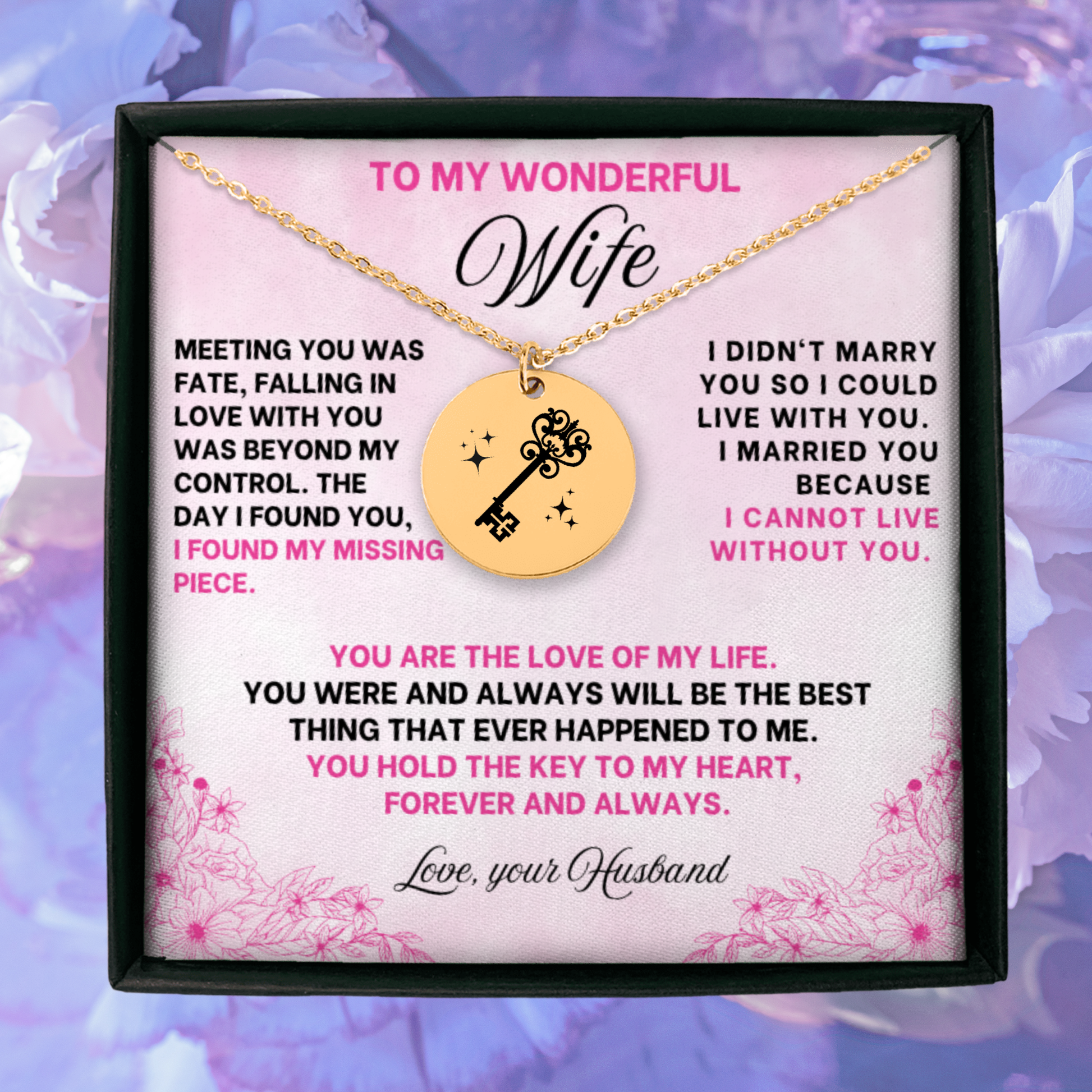 This dainty gold key necklace is a beautiful jewelry gift from a husband to his wife. Whether it's for her birthday, as a Christmas present, or as an anniversary gift, this engraved necklace is a meaningful keepsake she will cherish forever.