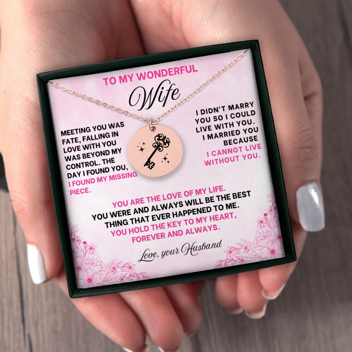A rose gold key necklace, engraved with love, perfect for your wife. This thoughtful gift is ideal for birthdays, anniversaries, Christmas, or just to remind her that you treasure having her by your side.