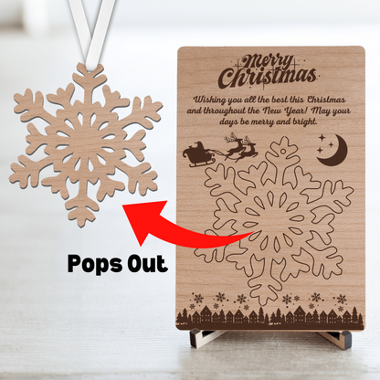 Laser-cut cherry wood postcard with pop-out ornament, a unique and heartfelt way to send a message. Crafted from premium wood, each postcard includes a detachable ornament that recipients can cherish long after the occasion. Perfect for holidays, birthdays, or special moments, this keepsake combines the elegance of wood with thoughtful design. Wishing everyone a Merry Christmas!