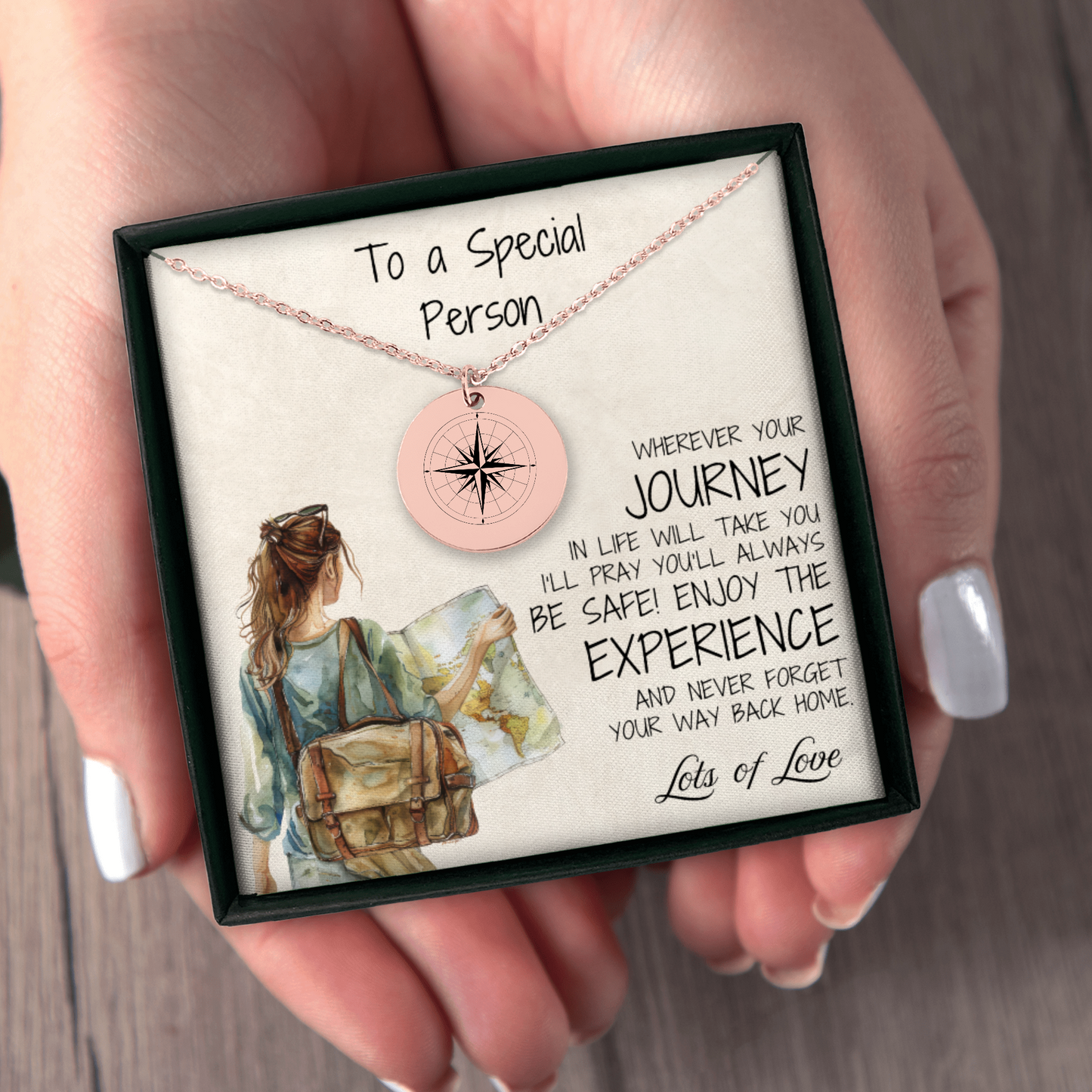 This rose gold compass necklace is a thoughtful gift for people who will go on a new journey – be it for graduations, studying abroad, a new job overseas or moving to another state, this necklace will remind them that "Adventure Awaits" in every step of her journey and that they are on your mind.