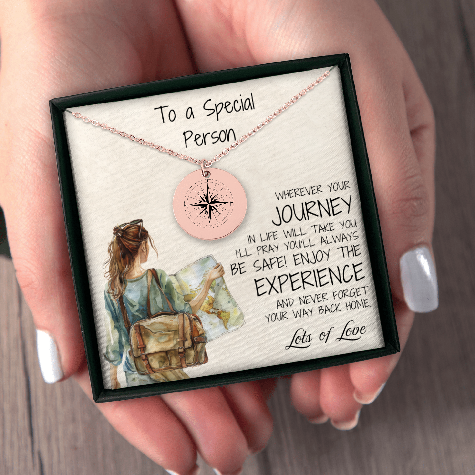 This rose gold compass necklace is a thoughtful gift for people who will go on a new journey – be it for graduations, studying abroad, a new job overseas or moving to another state, this necklace will remind them that "Adventure Awaits" in every step of her journey and that they are on your mind.