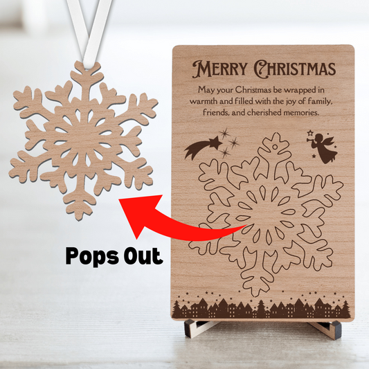 Laser-cut cherry wood postcard with pop-out ornament, a unique and heartfelt way to send a message. Crafted from premium wood, each postcard includes a detachable ornament that recipients can cherish long after the occasion. Perfect for holidays, birthdays, or special moments, this keepsake combines the elegance of wood with thoughtful design. Wishing everyone a Merry Christmas!